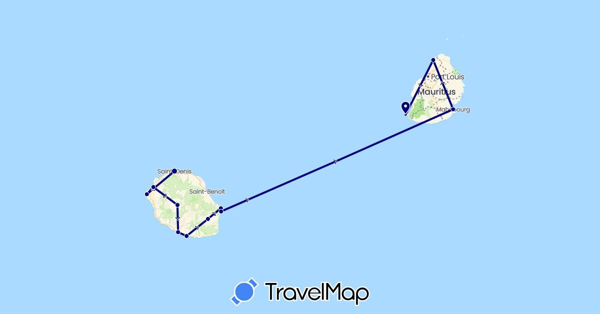 TravelMap itinerary: driving in France, Mauritius (Africa, Europe)